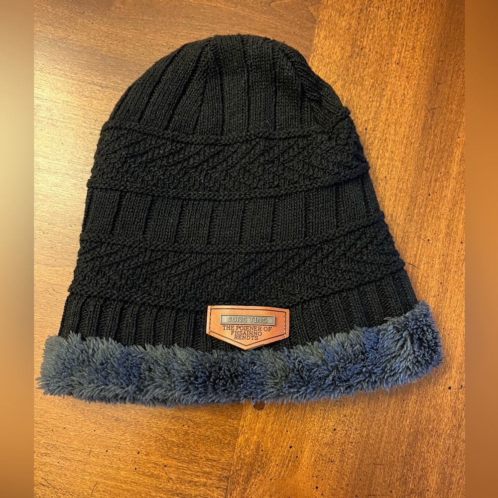 2/$20 - Stylish Black Knit Beanie with Gray Faux Fur Trim